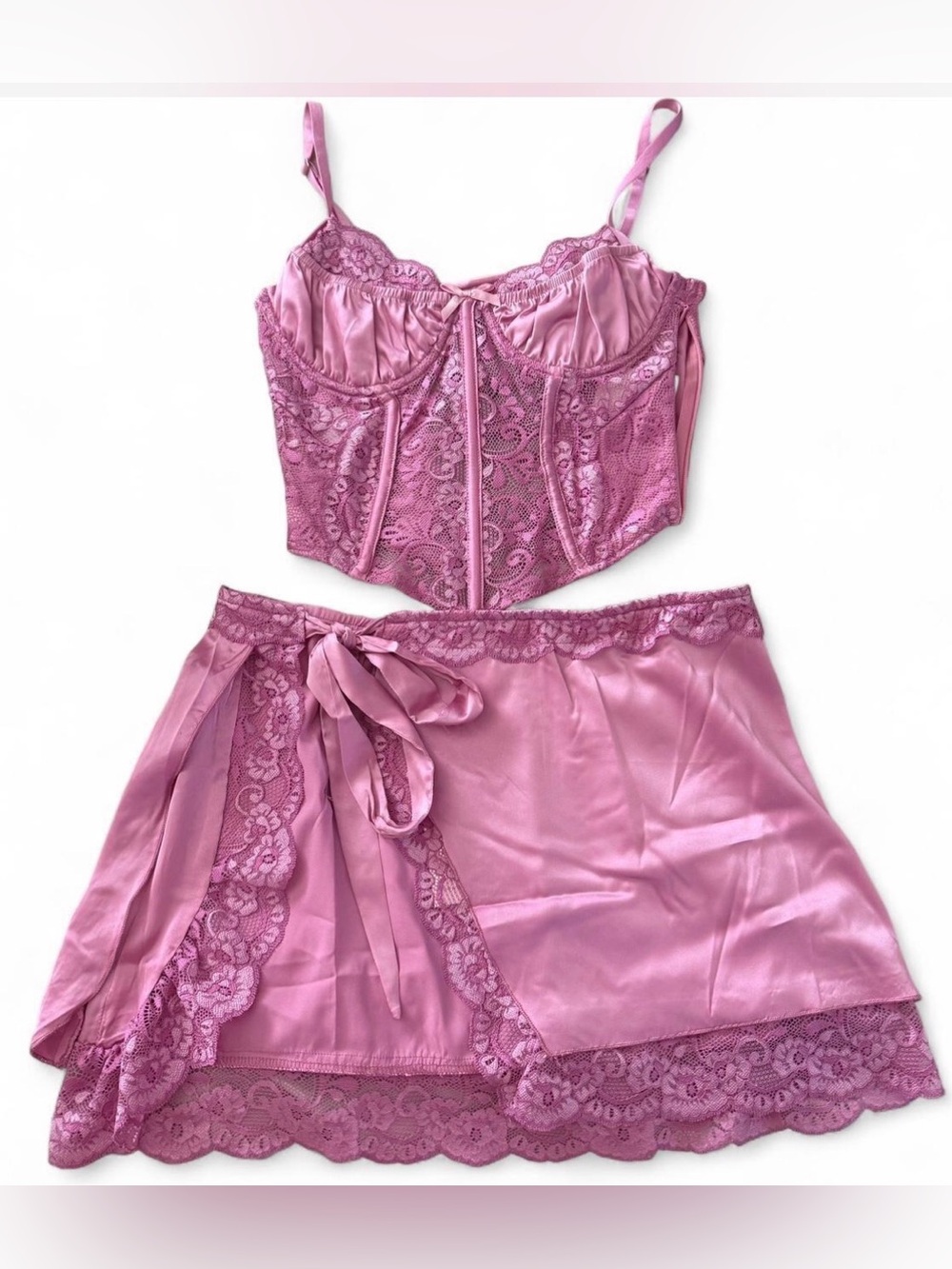 Outcast Silky Lace Trim mini wrap skirt and matching corset top